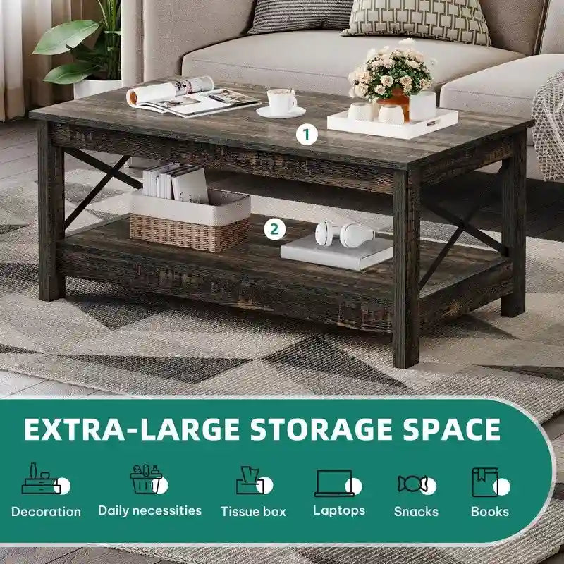 Farmhouse Wood Accent Coffee Table with Large Storage Shelf