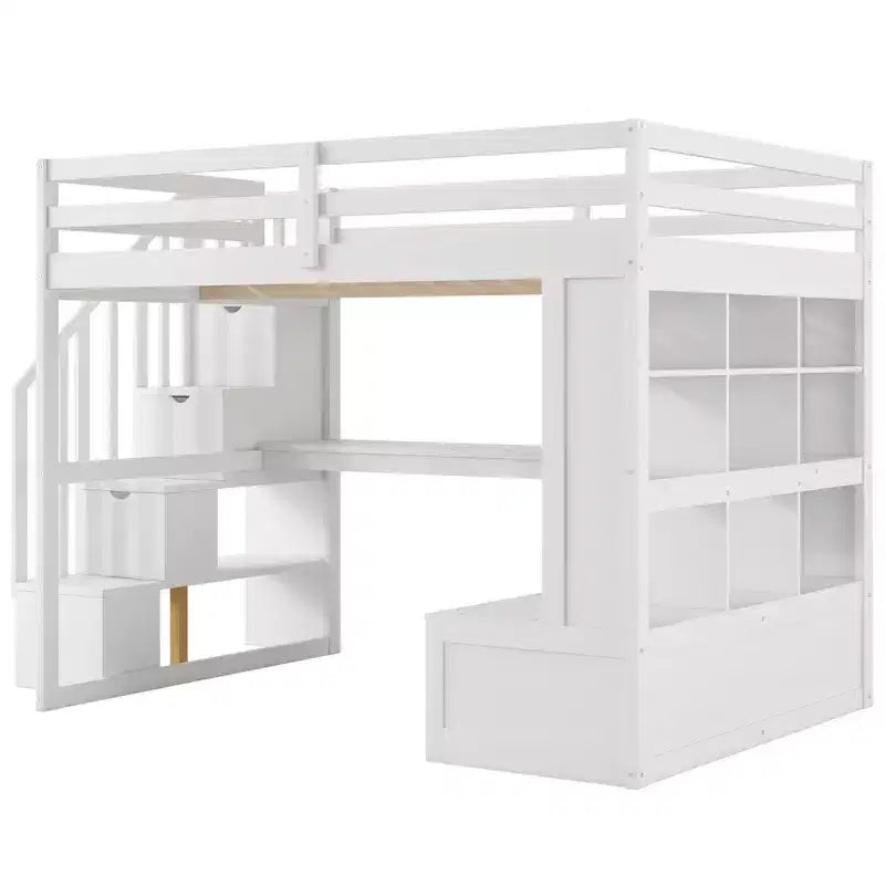 Full Size Loft Bed with Stairs and Desk, Wood Loft Beds Frame with Storage Drawers and Bookcase Shelves for Adults Teens Kids