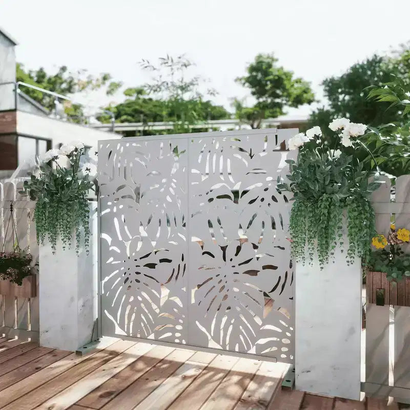 72H Room Divider Rectangle Galvanized Metal Frame Freestanding Privacy Screen Garden Fence Patio White