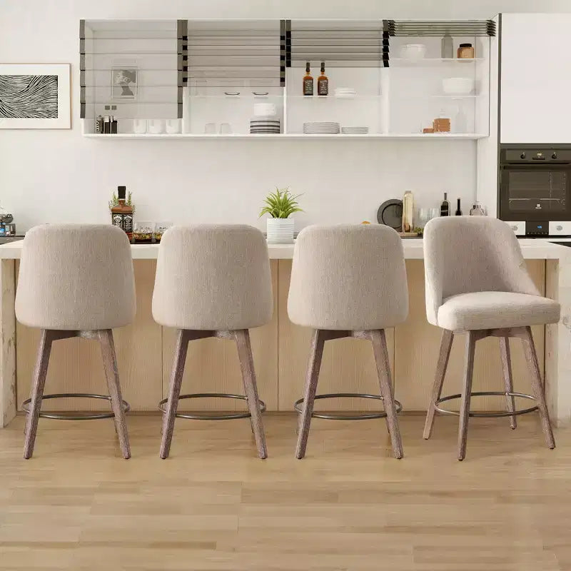 Lot de 4 tabourets de bar pivotants à hauteur de comptoir Bekrvio 26 po avec dossiers et pieds en bois, tabourets de bar rembourrés en tissu lin/similicuir pour îlot de cuisine