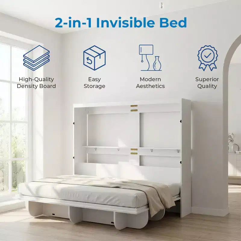 Lit escamotable 2-en-1 invisible Murphy avec étagères de rangement, Grand lit (Queen), Bois naturel (Matelas non inclus)